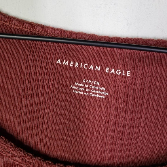 American Eagle Textured Stripe Baby Tee S Cropped Rust Raisin Brown - Picture 3 of 5